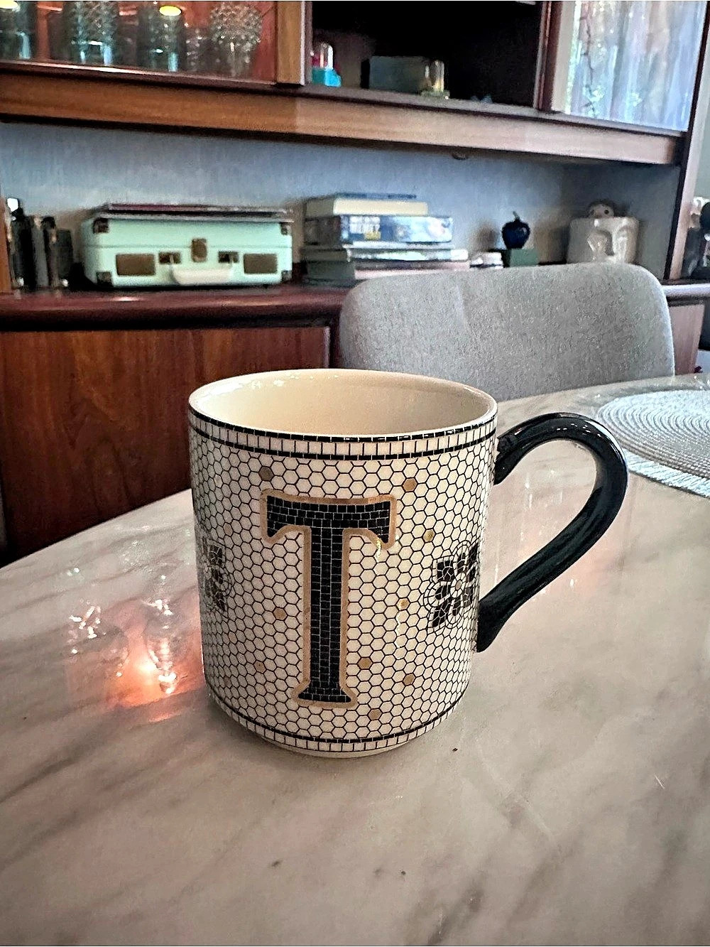 Anthropologie Bistro Tiled Margot Monogram Mug White & Black Letter T
